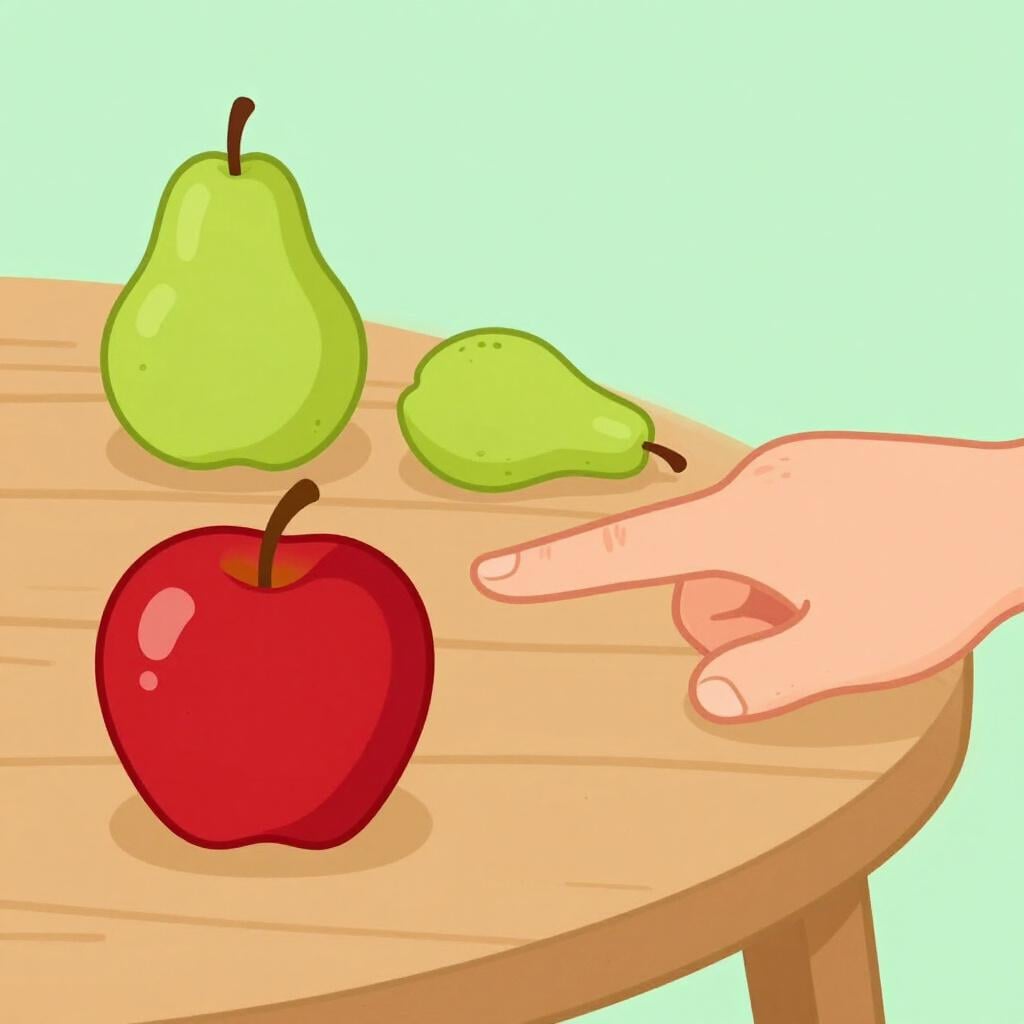 A hand selecting a red apple from a table while pushing a green pear away.