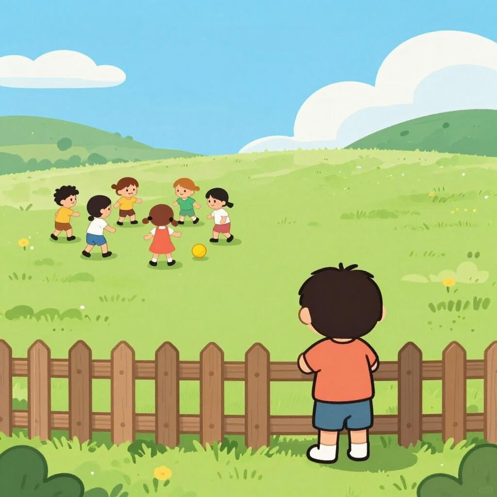 Een eenzaam kind kijkt naar een speeltuin vanaf de achterkant van een eenvoudig houten hek.