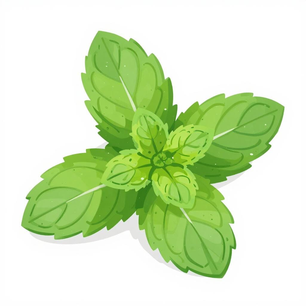 A sprig of fresh green mint leaves with small water droplets on them.