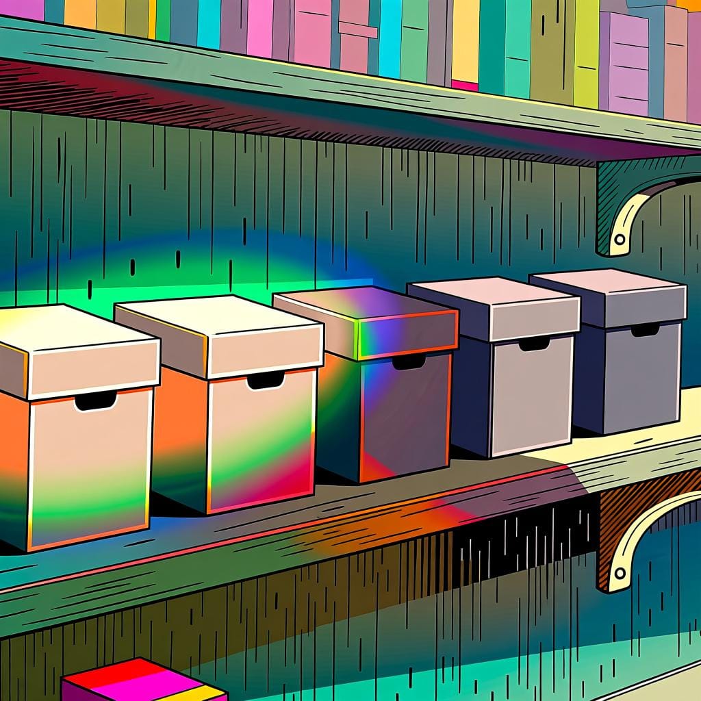 A row of five identical, gray, closed boxes sits on a shelf. Only one single box is softly illuminated by a warm spotlight, suggesting a specific, but unnamed item.