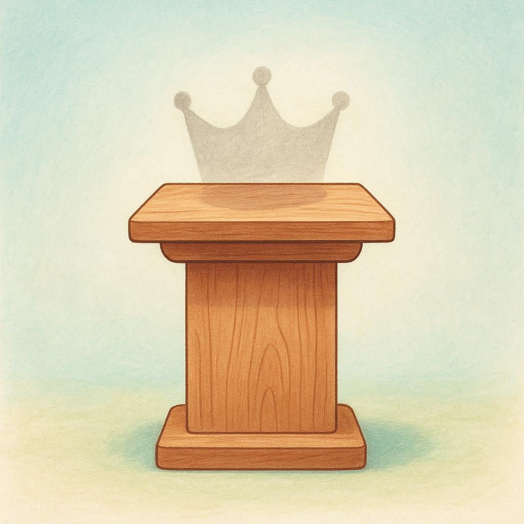 A simple, empty wooden pedestal showing only the faint, residual shadow outline of an object that used to rest on top, symbolizing a former status.