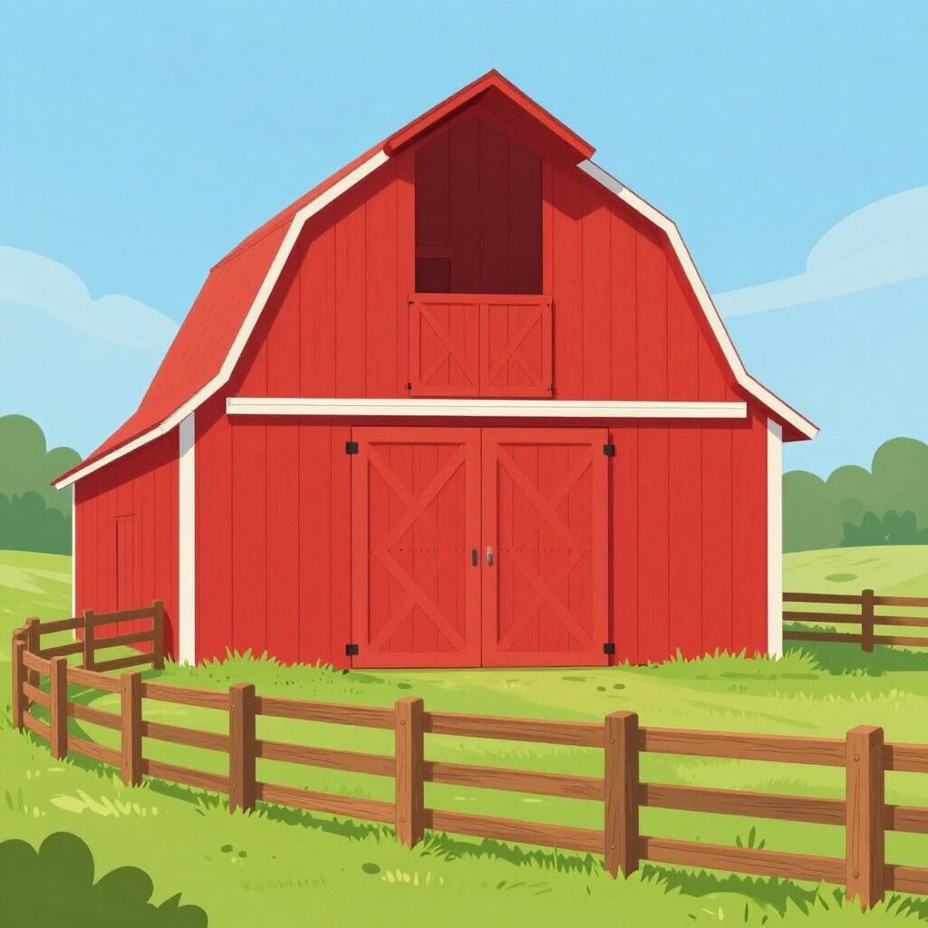 Ein einfacher roter Schuppen mit einer großen offenen Tür neben einem Holzzaun.