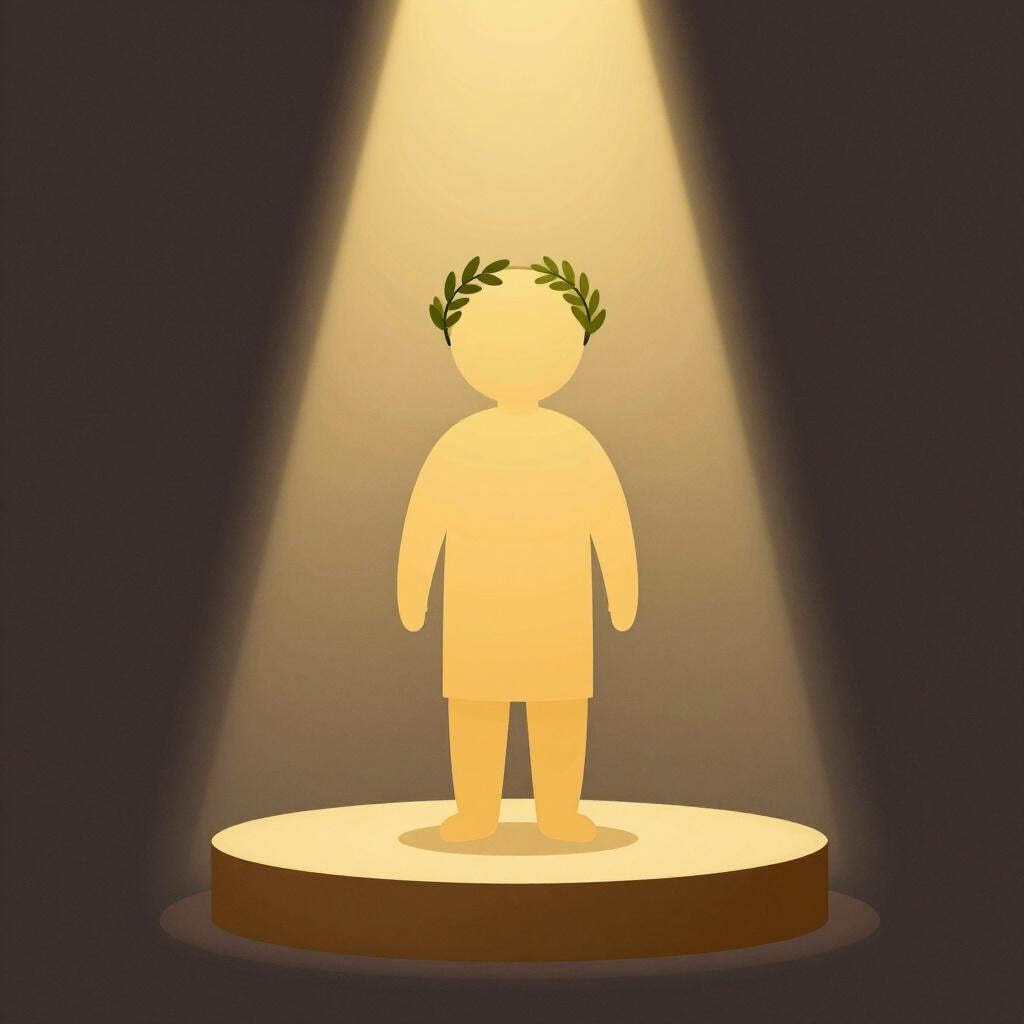Une personne debout sur un petit piédestal, illuminée par un projecteur doré, portant une couronne de laurier, symbolisant l'honneur public.