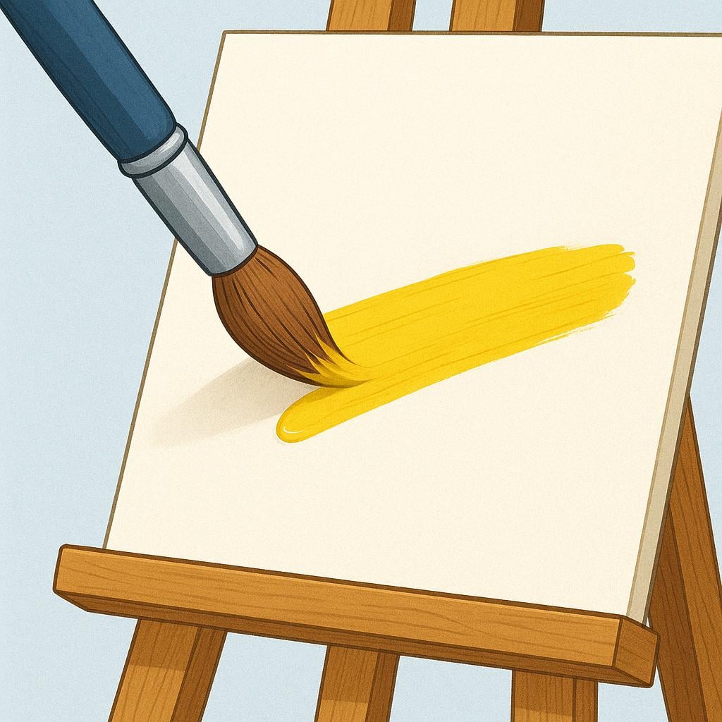 A close-up of a hand holding a paintbrush, adding yellow paint to a landscape painting on an easel.