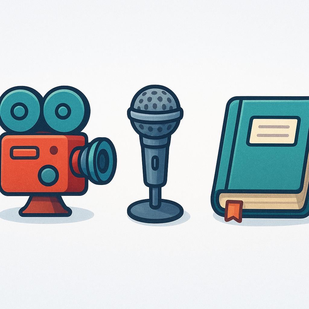 Three distinct but related objects—a vintage movie camera, a microphone, and a closed book—arranged in a neat horizontal row, symbolizing a sequence or collection of events.