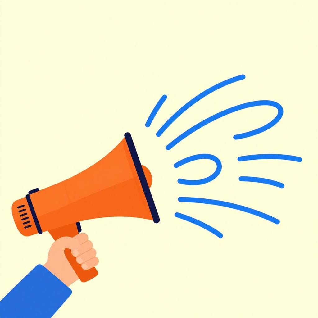 A person speaking into a megaphone with multiple sets of repeating sound waves emerging from it.