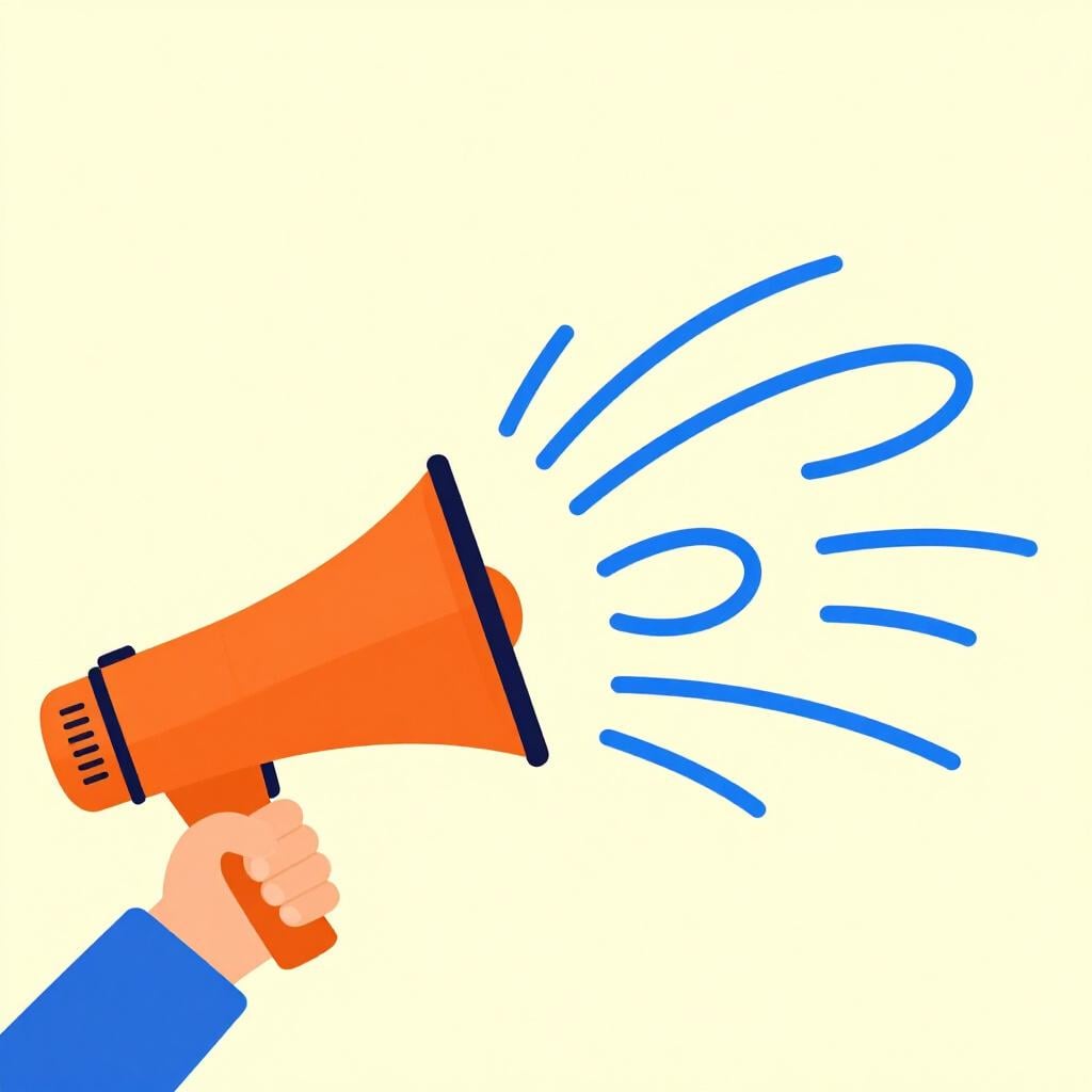 A person speaking into a megaphone with multiple sets of repeating sound waves emerging from it.