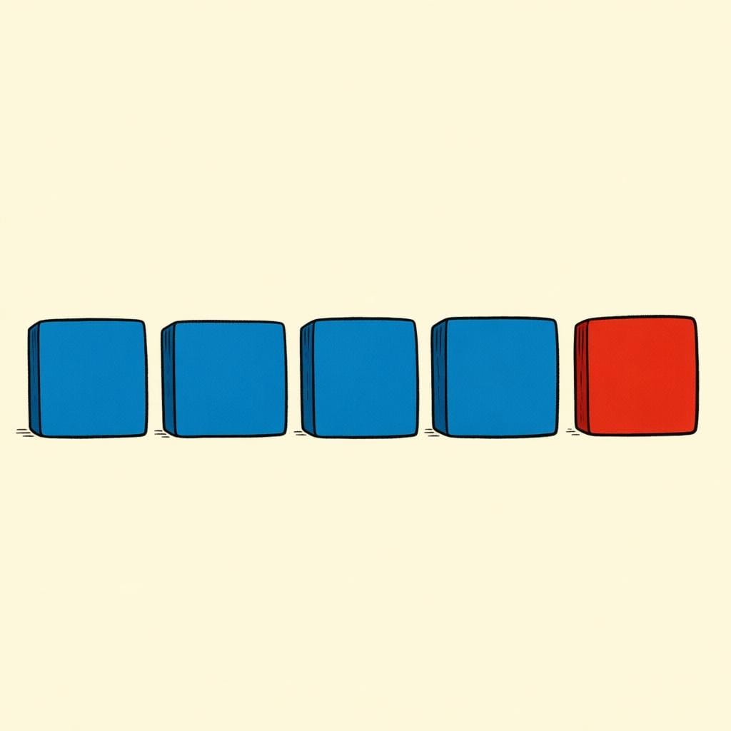 A row of blocks where the last block is marked in a special color, indicating the final item in the series.