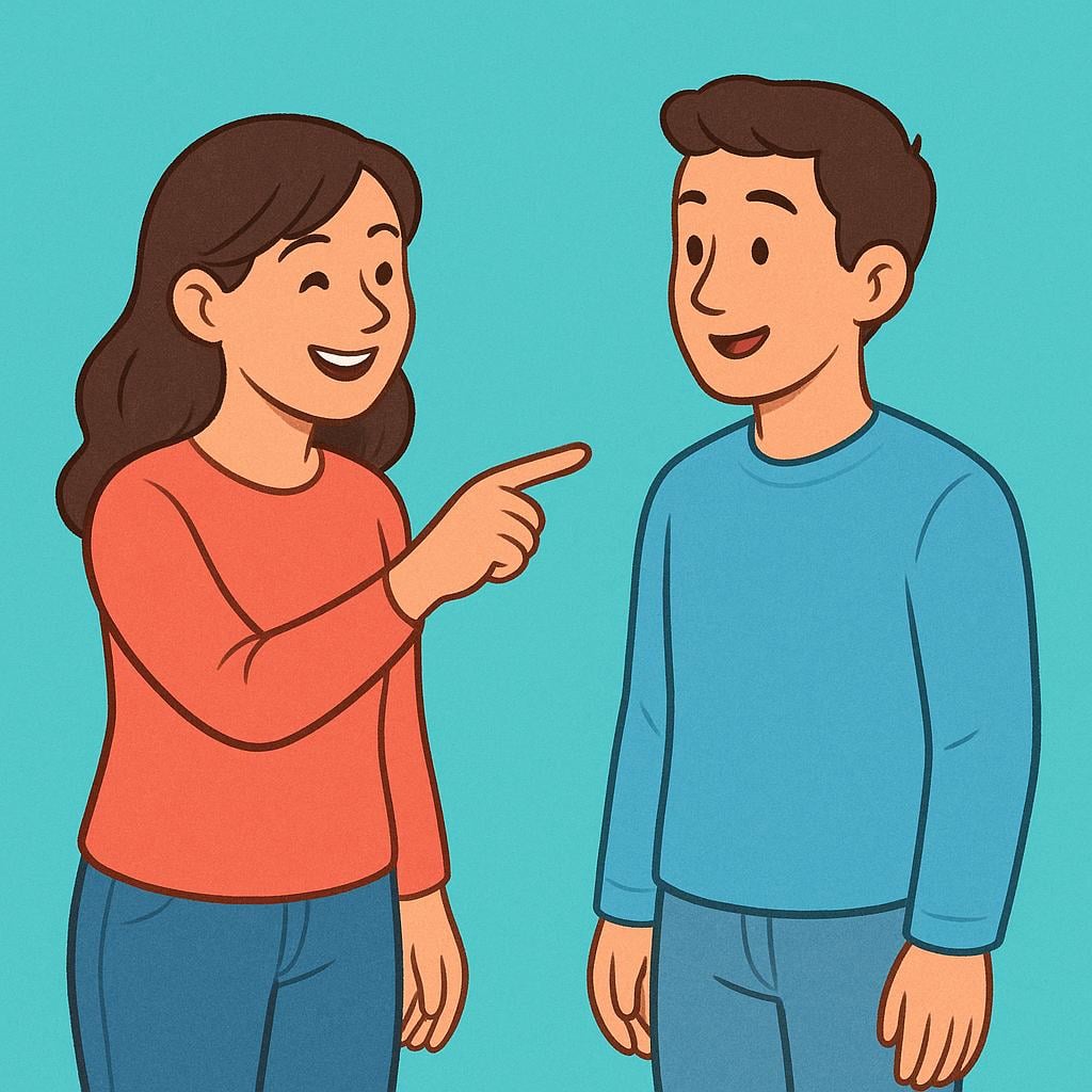 A friendly young woman smiling and pointing directly at a single young man, illustrating the concept of direct, familiar address.