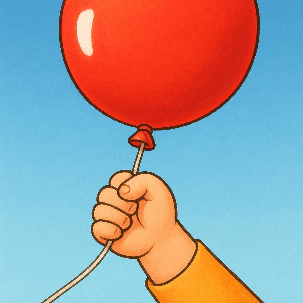 A child's hand tightly grasping the string of a large, bright red balloon, symbolizing retaining possession.