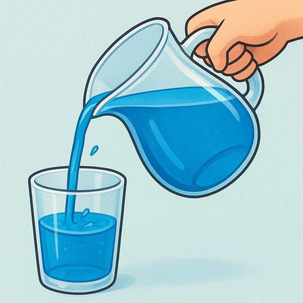 A storybook illustration showing a blue liquid being poured from a pitcher into a glass.
