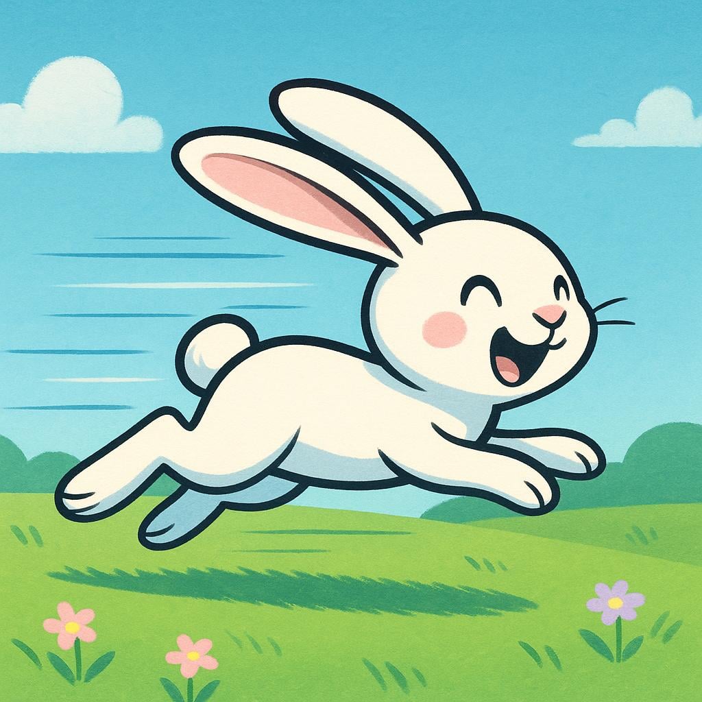 A cartoon rabbit running at high speed across a green field, with visible motion lines indicating great swiftness.