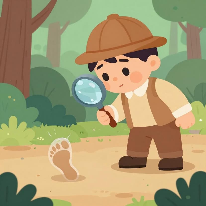 Una persona con un cappello da detective che usa una lente d'ingrandimento per esaminare attentamente un'impronta di scarpa sul terreno.