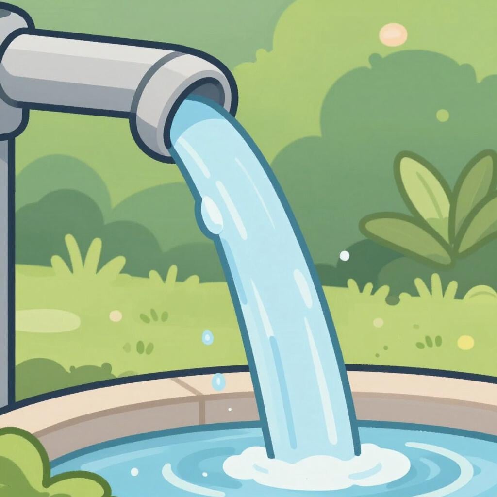 A steady stream of water pouring out of a simple garden faucet onto a green leaf.