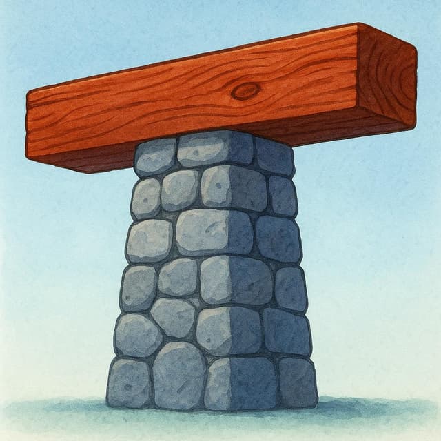 Eine starke Steinssäule, die einen schweren Holzbalken stützt.