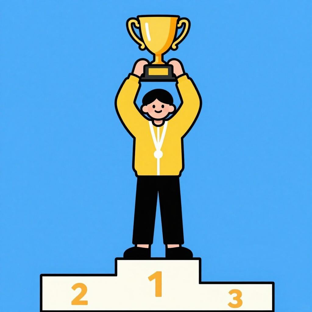 A smiling athlete standing on a podium holding a gold trophy high in the air.