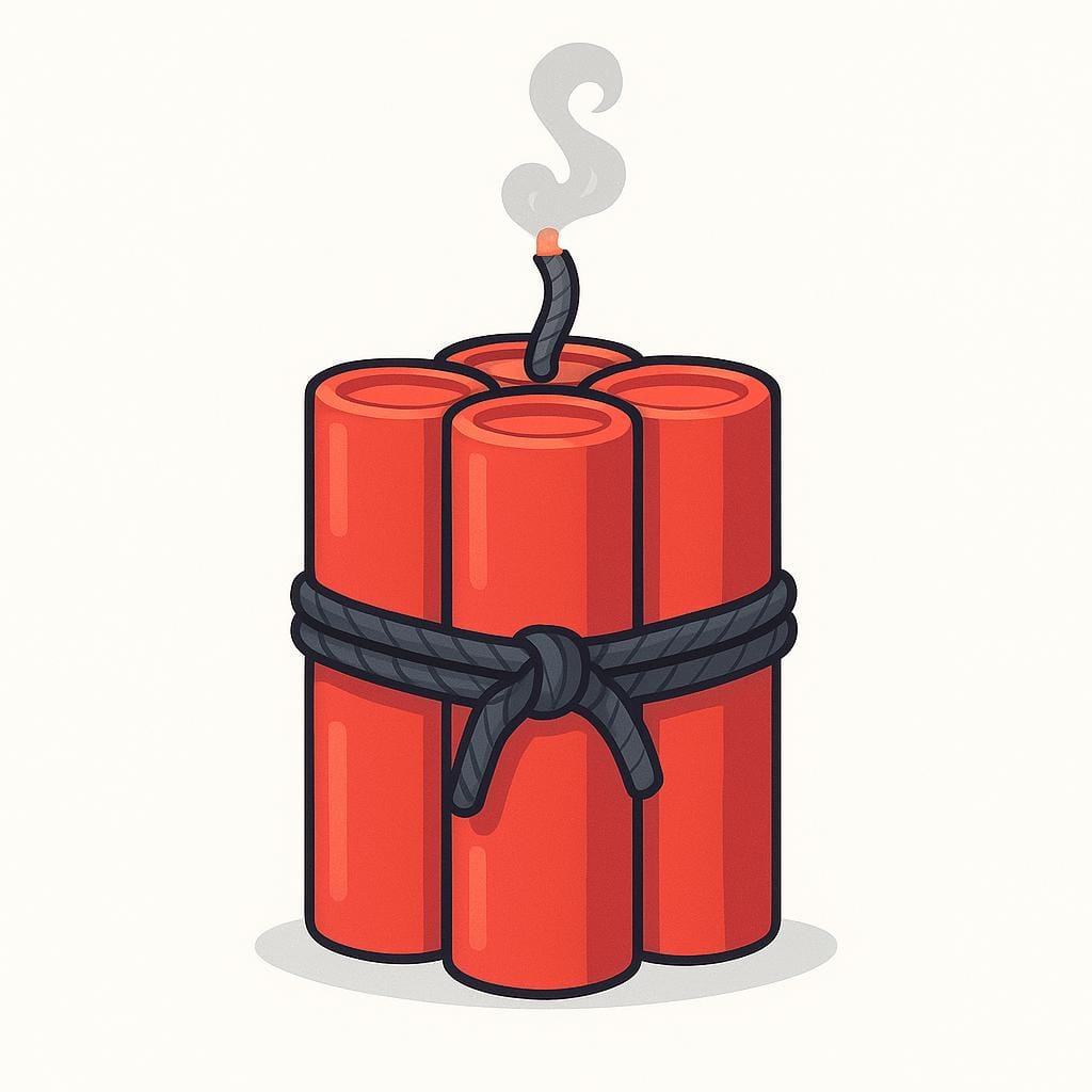 A stack of three red dynamite sticks tied together with rope, featuring a short, smoking fuse.