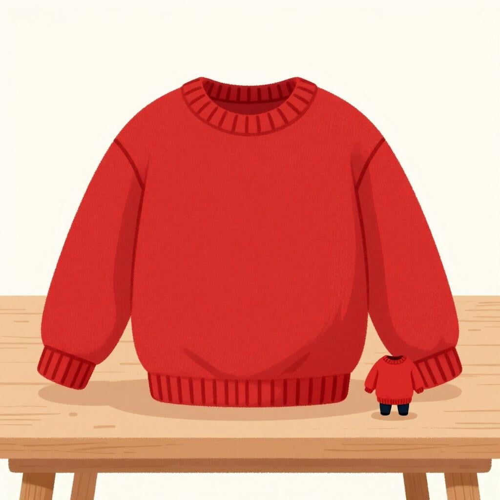 A large red sweater next to a much smaller version of the same red sweater, showing size reduction.