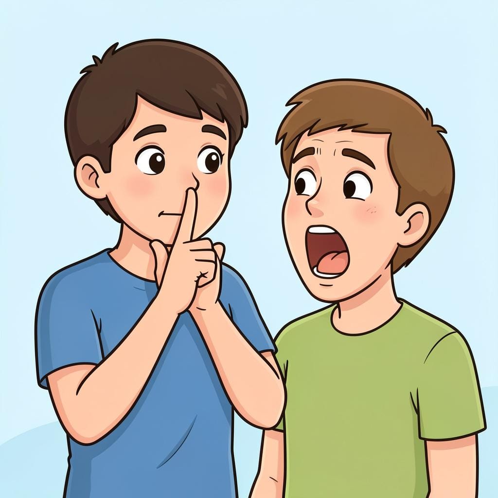 A colorful illustration of a person with their finger to their lips, signaling for quiet to stop someone from shouting.