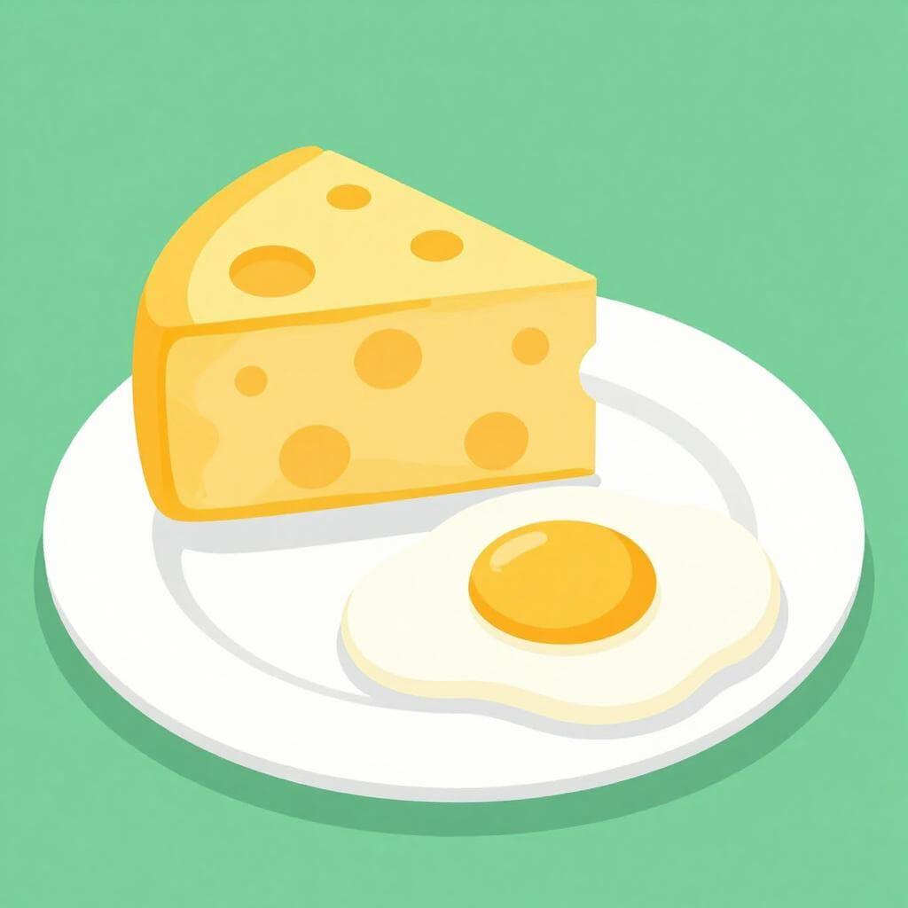 Une illustration simple d'un morceau de fromage jaune à côté d'un œuf cuit, représentant des aliments contenant du cholestérol.