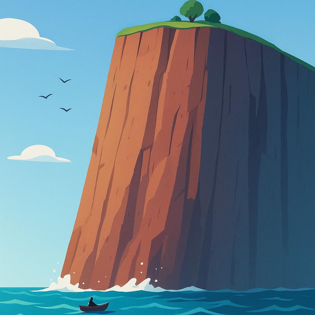 A colossal, vertical, sheer cliff face composed entirely of solid rock, dominating the view above a blue ocean, illustrating absolute scale.