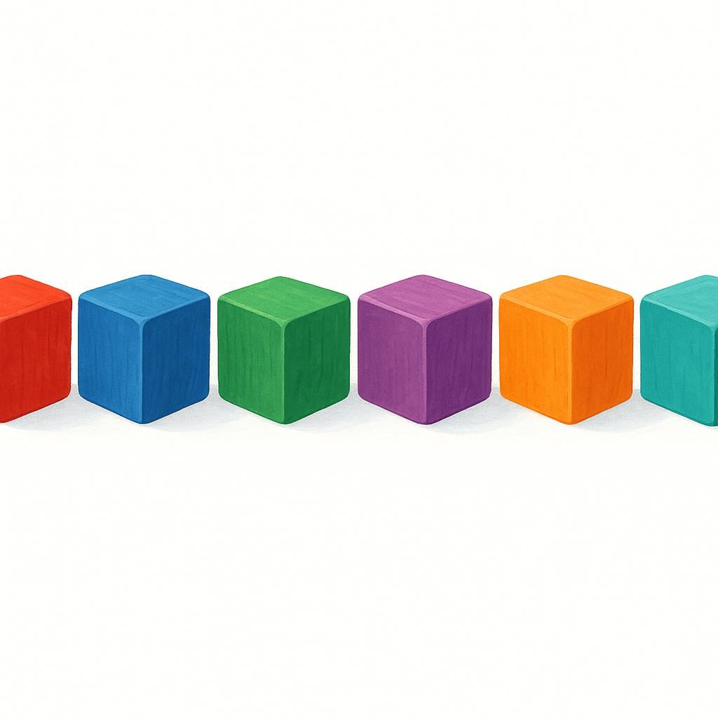 Six identical, colorful wooden blocks are meticulously placed in a perfectly straight, orderly line on a plain white surface.