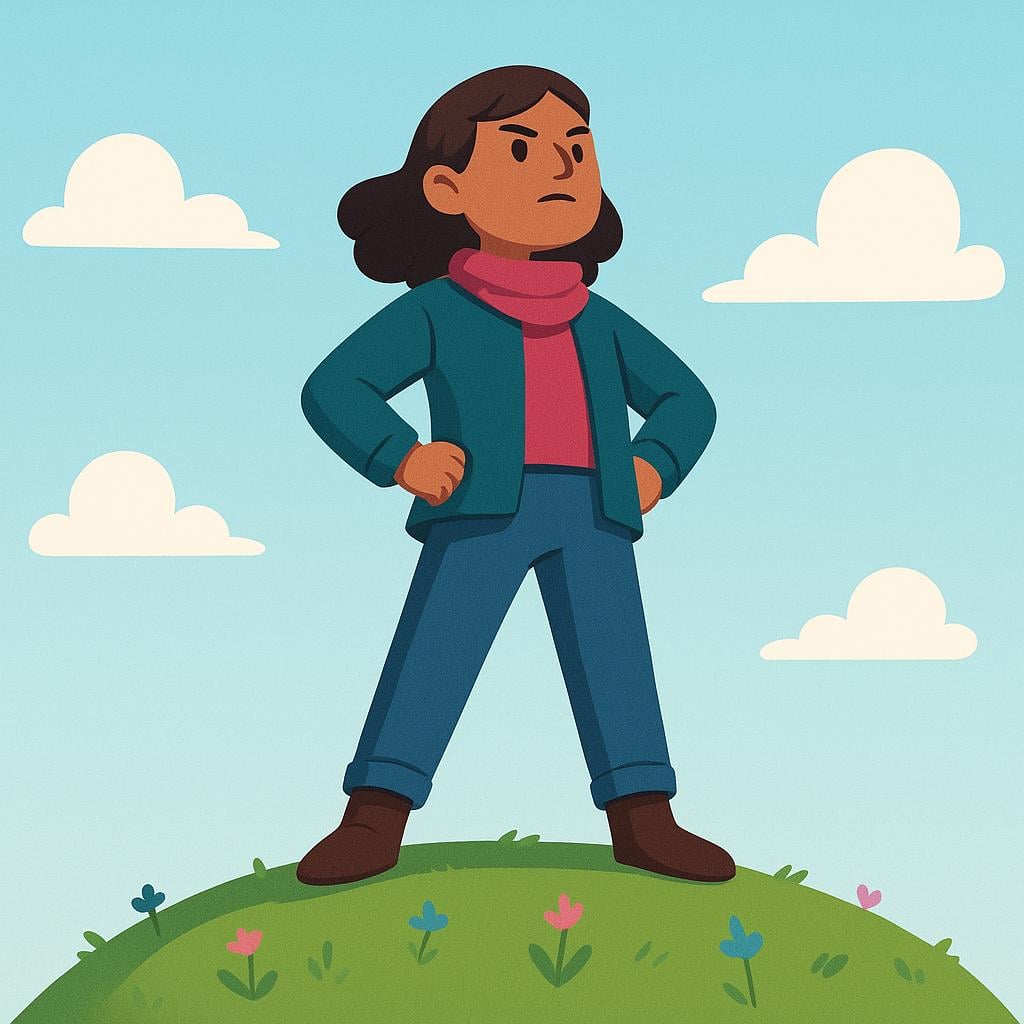 A determined person standing tall and confidently on a small hill, arms crossed, looking forward fearlessly.