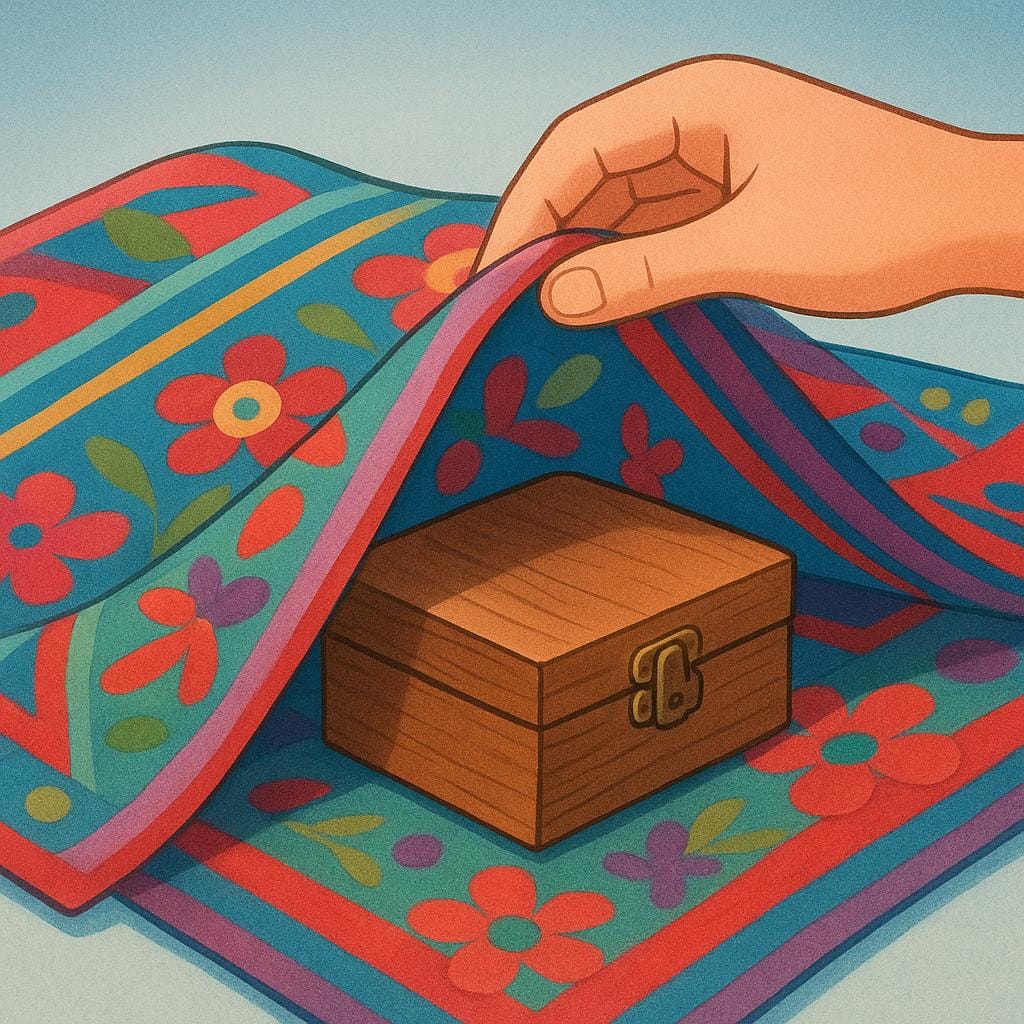 A hand lifting a patterned blanket to uncover a small wooden box.