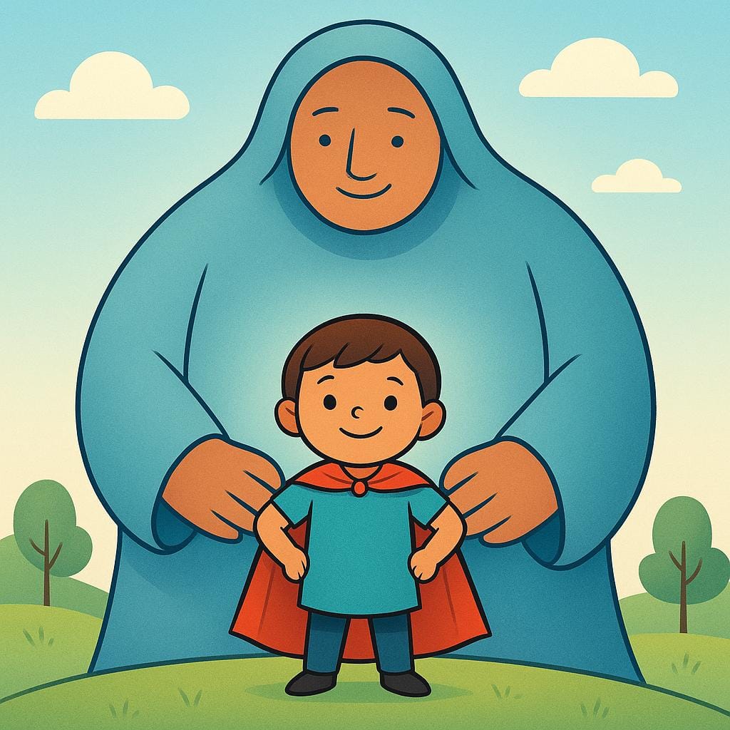 Eine Illustration, die eine kleine, selbstbewusste Figur zeigt, die Schutz und Unterstützung von einer großen, mächtigen Figur erhält, die direkt hinter ihr steht und als Schild fungiert.