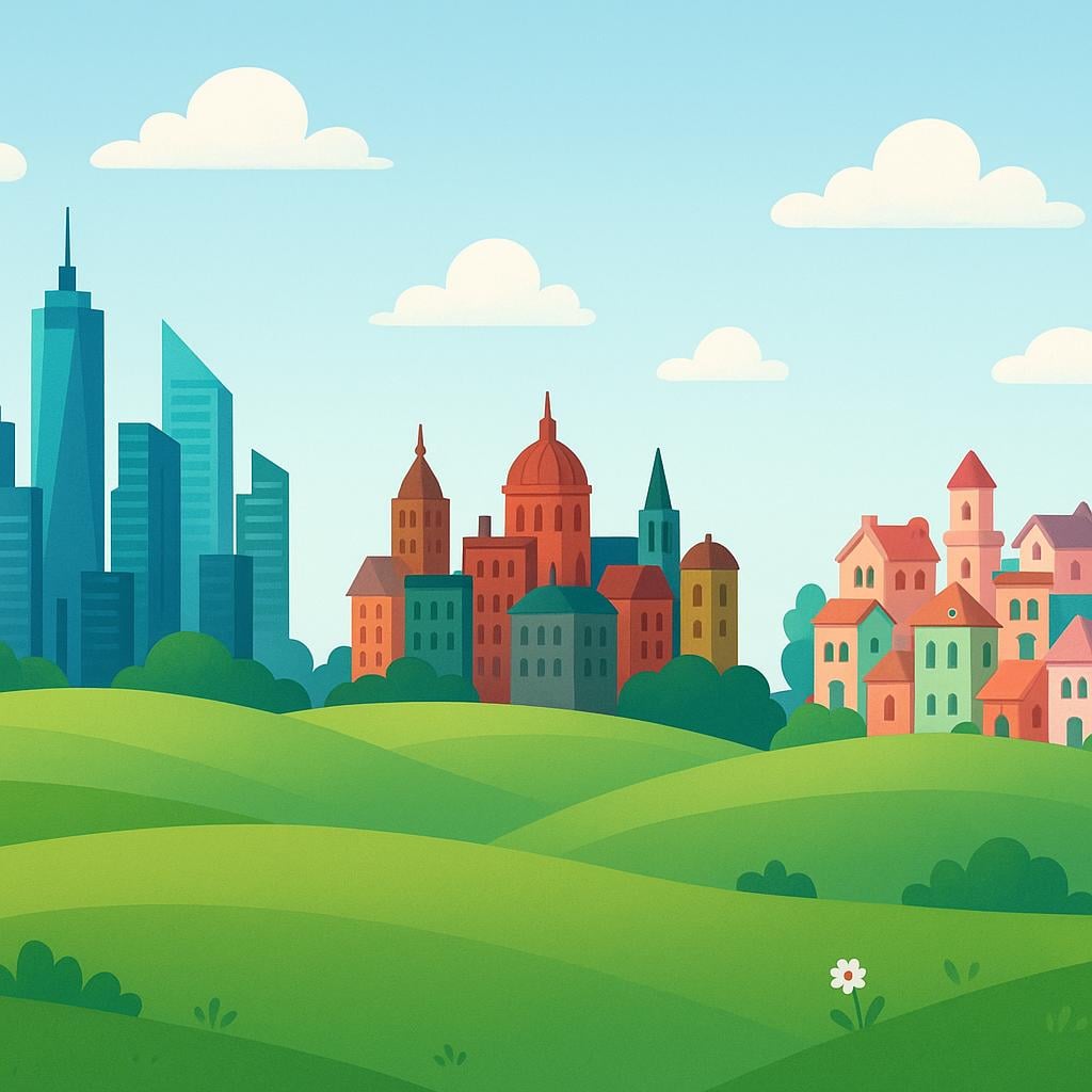 A panoramic view showing three separate, brightly colored urban areas (cities) nestled among green hills.