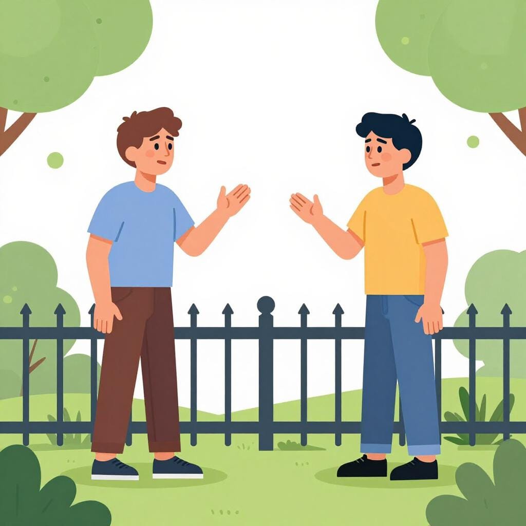 Twee buren die ruzie maken over een houten hek in een achtertuin.