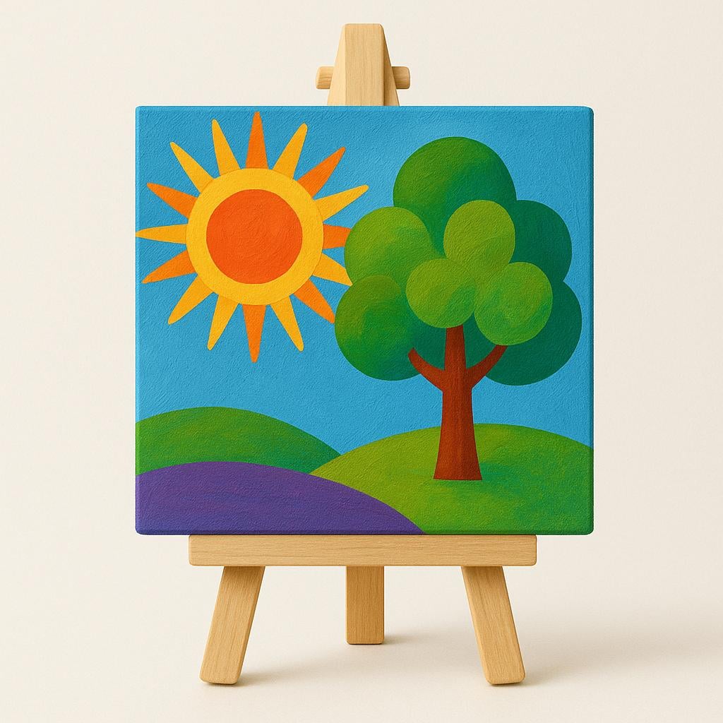 A finished, colorful, abstract painting depicting a sun and a tree, resting on a wooden easel.