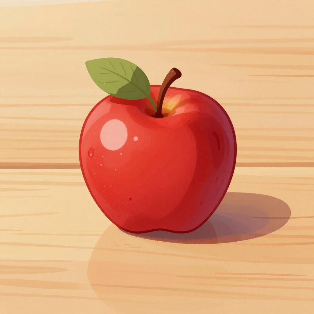 A single red apple sitting on a clean wooden table.