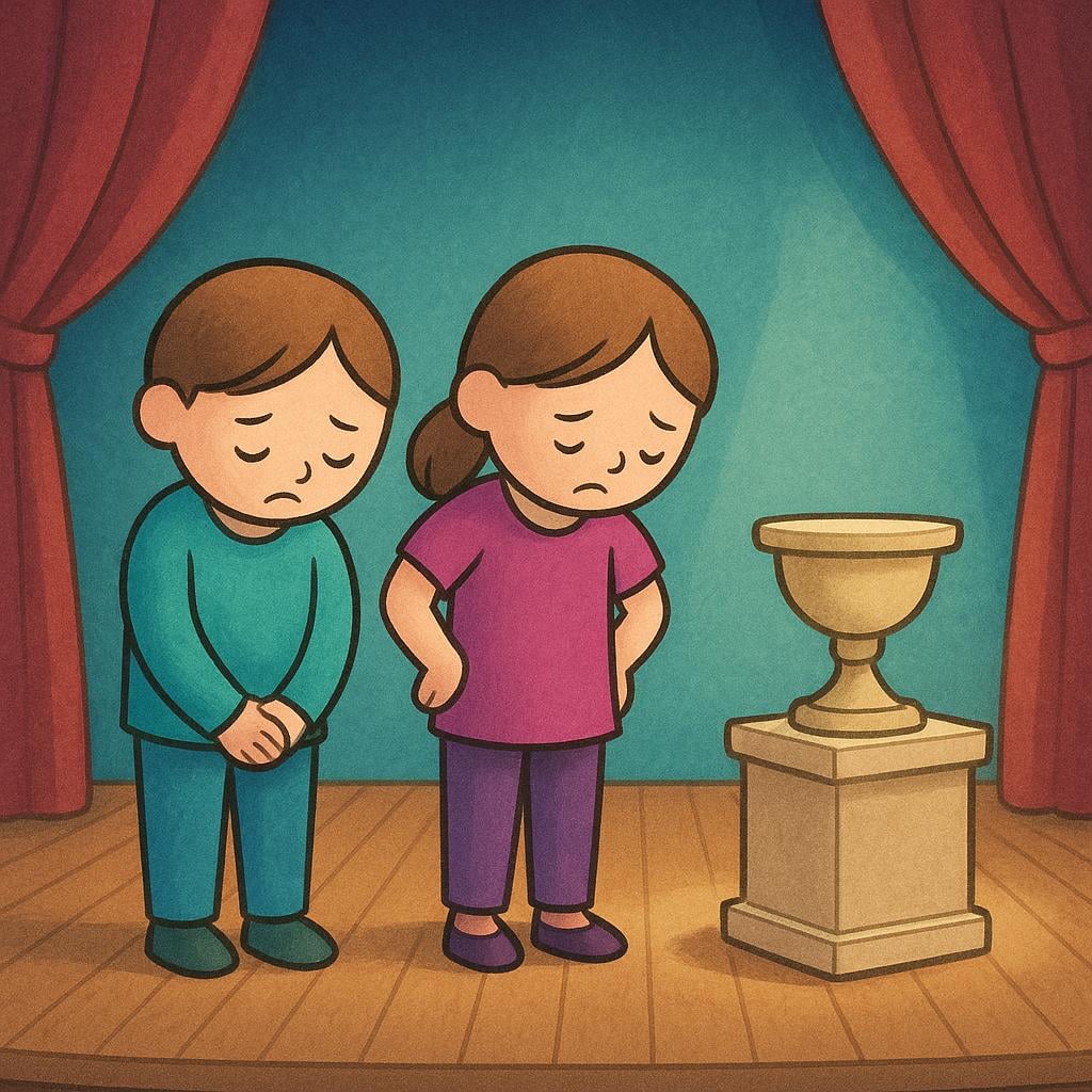 A simple storybook illustration showing two figures standing dejectedly near a small, empty trophy pedestal, signifying they lost the contest.