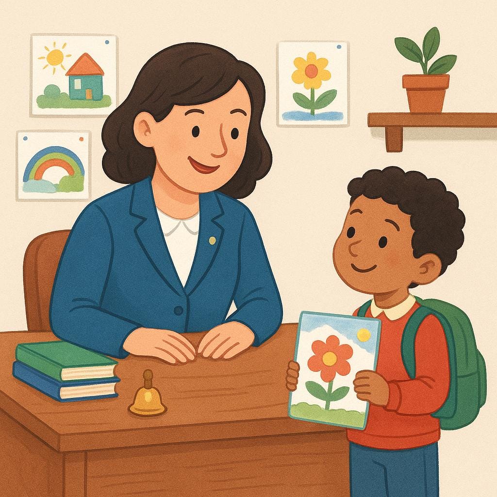 A friendly, professional adult sitting at a large desk in a school office, smiling while shaking hands with a younger student.