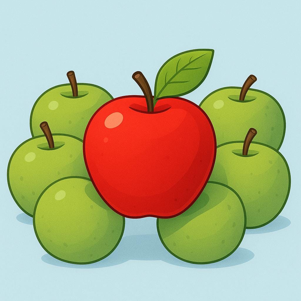 A vibrant red apple positioned centrally, surrounded by several dull green apples, emphasizing its preference as the most liked item.