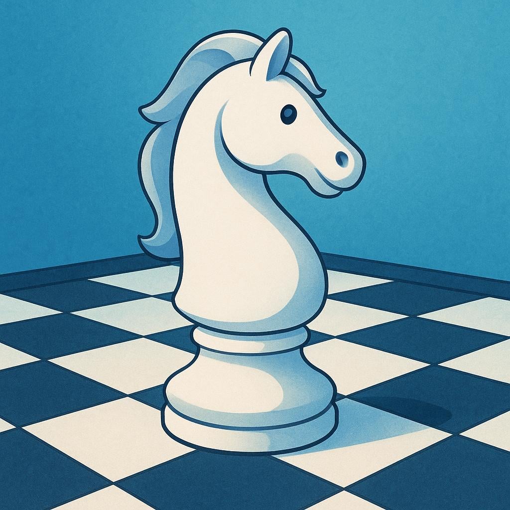 A simple, stylized white chess knight piece standing on a checkered board.