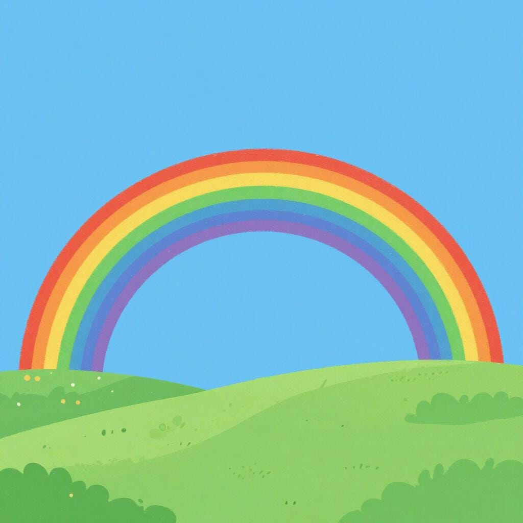 Un arc-en-ciel vibrant s'arquant dans un ciel bleu clair, montrant une gamme complète de couleurs.