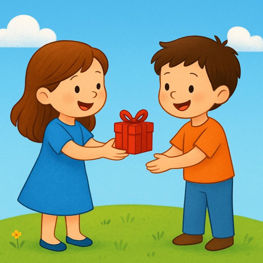 A colorful storybook illustration of a smiling girl wearing a blue dress, standing on a grassy hill, holding out a small red wrapped gift box toward a boy who is reaching out to take it.