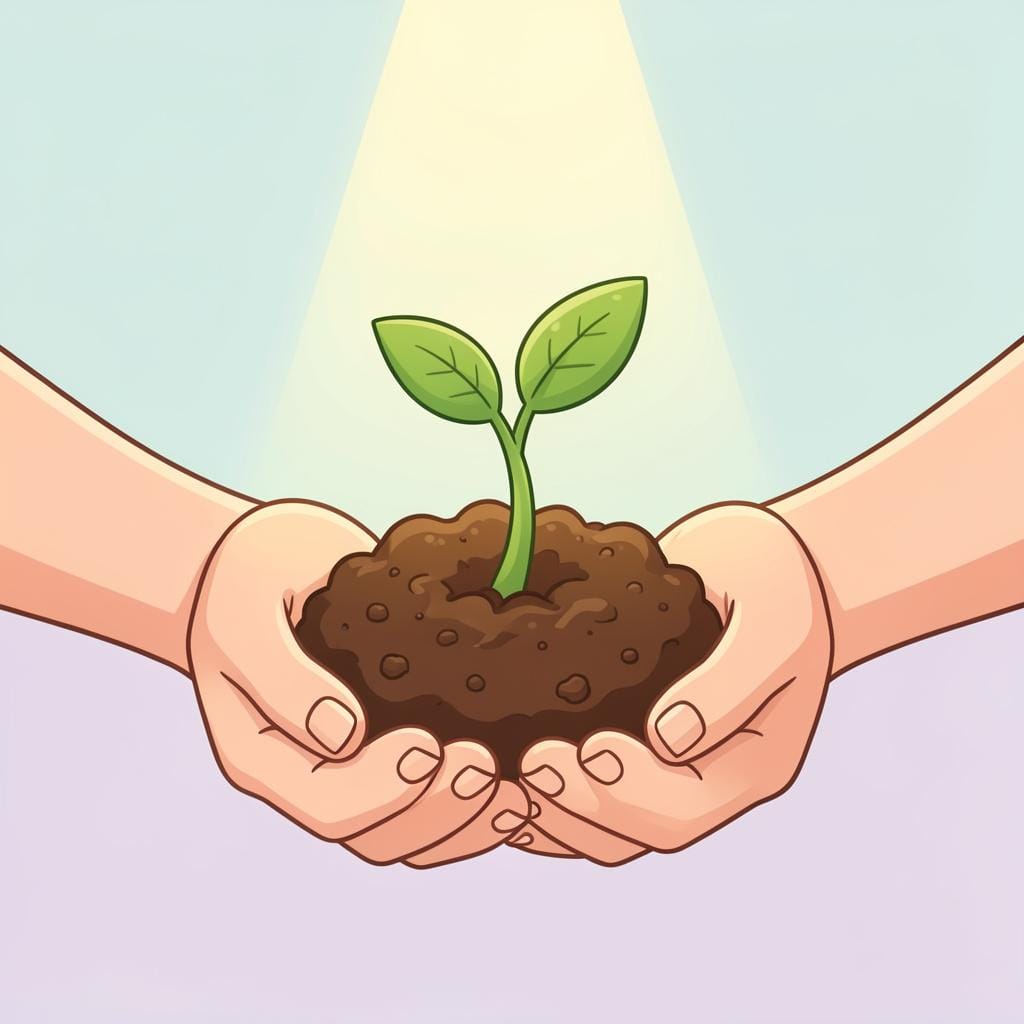 A small green plant flourishing and growing in a gardener's hands, representing a positive benefit.