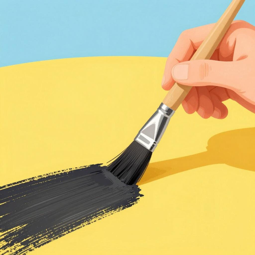 A hand holding a paintbrush adding dark grey paint to a bright yellow wall.