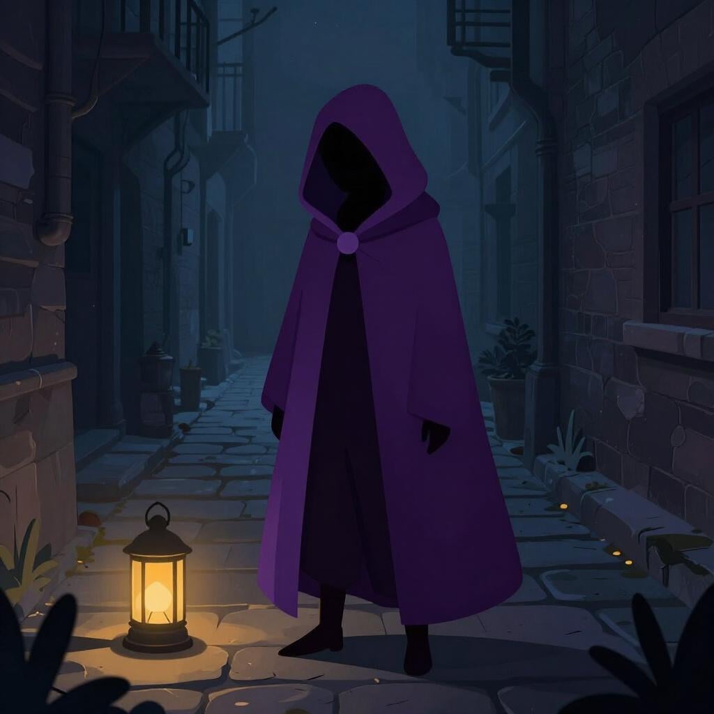 A mysterious figure wearing a dark hooded cloak standing in a dimly lit alleyway.