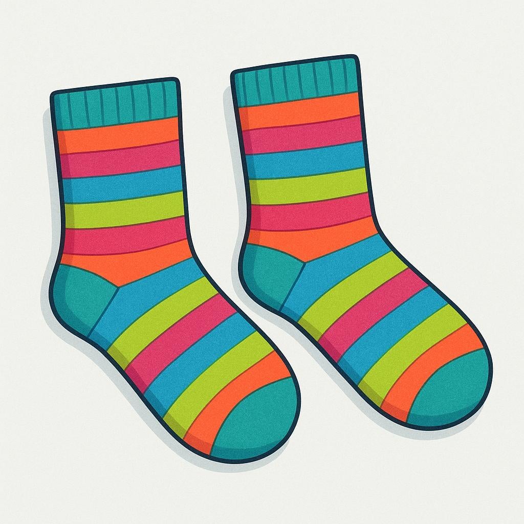 Two identical, brightly colored striped socks lying flat next to each other on a simple background, representing a pair.