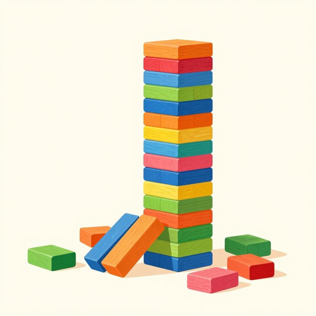 Uma torre de blocos de madeira de uma criança derrubada e espalhada pelo chão.
