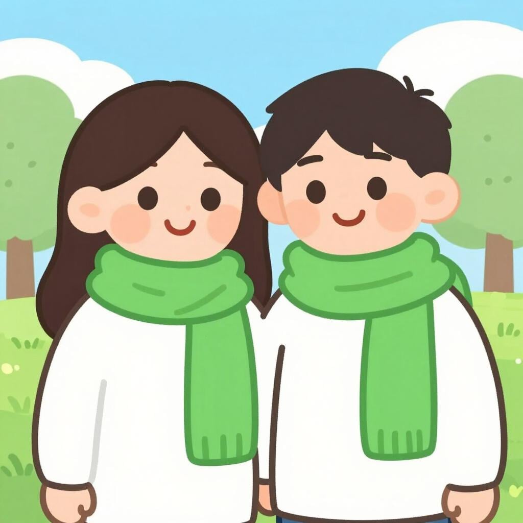 明るい公園で、親しげに笑顔で立っている二人の人物。