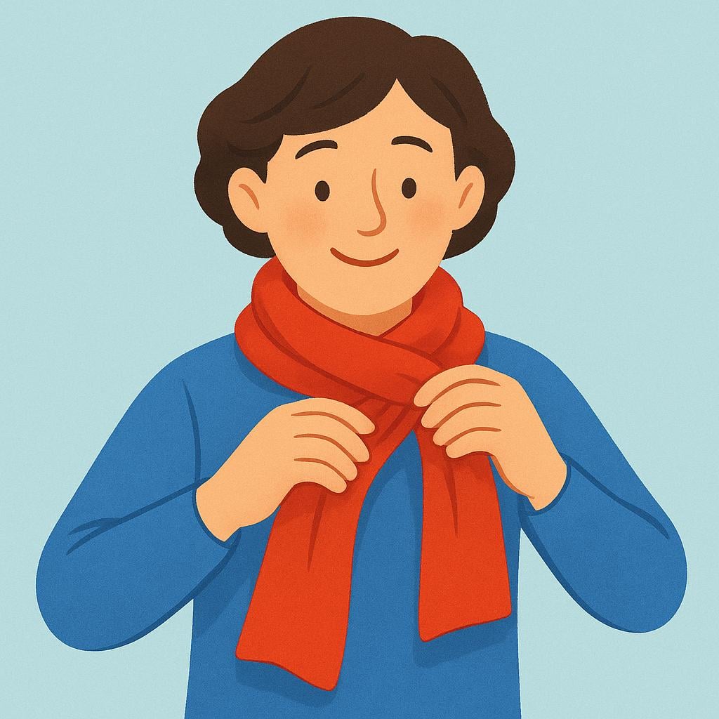 A person seen from the chest up, using both hands to adjust a brightly colored red scarf that they have just wrapped around their neck.