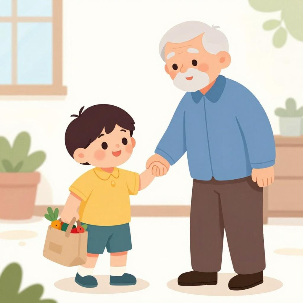 A child helping an elderly person carry groceries across a street, showing a kind and respected act.