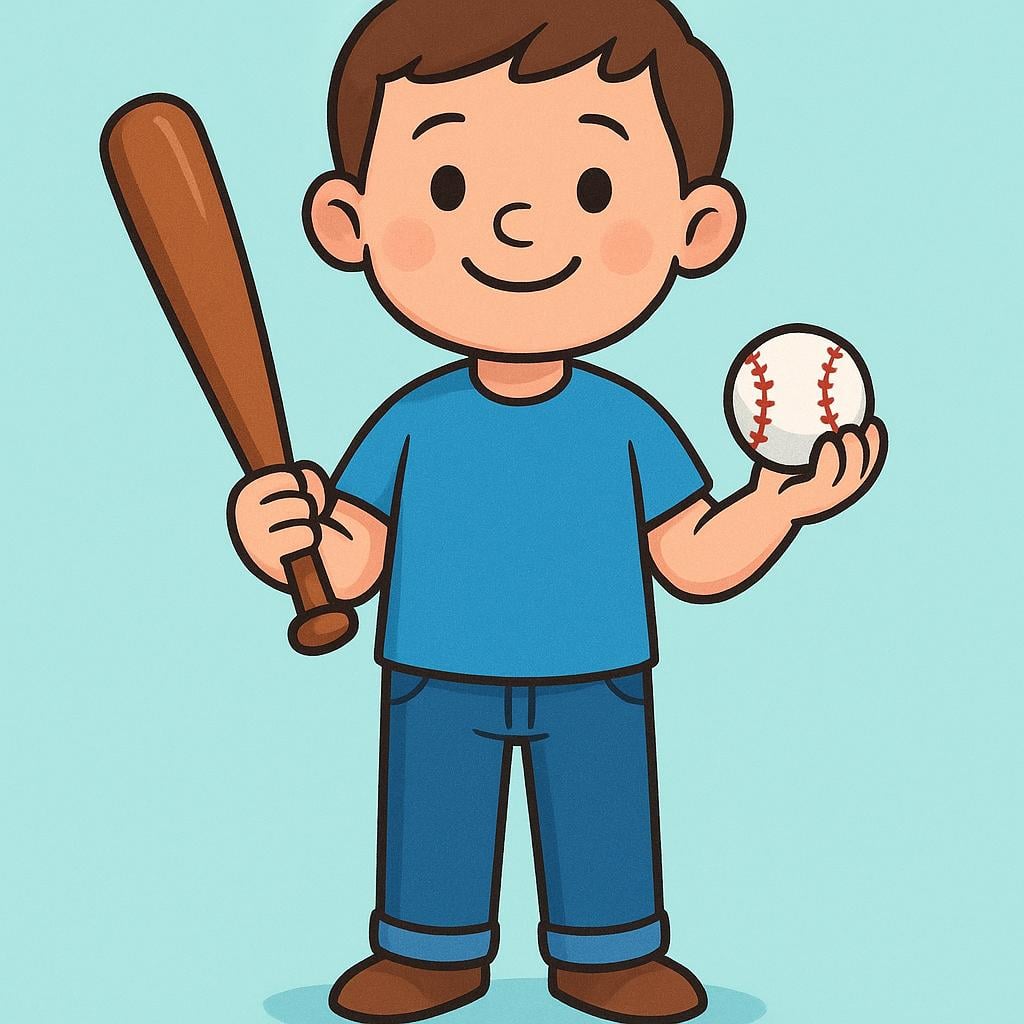 A friendly, cartoon-style person wearing simple attire, holding a baseball bat and ball, representing an American person.