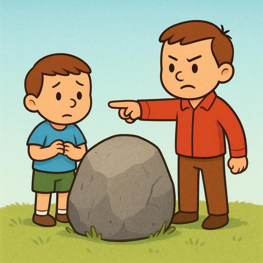 One simple character is pointing decisively at a heavy object, instructing a second character to lift it. The second character is positioned to begin the lifting motion.