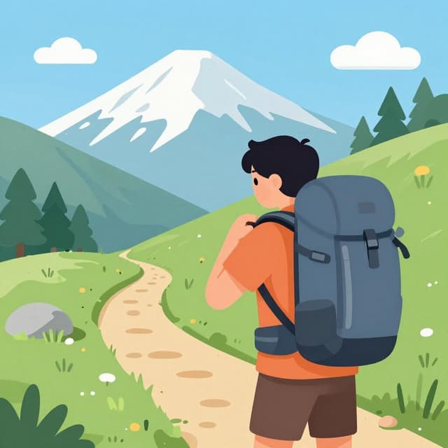 A hiker at the base of a mountain path, putting on a backpack and looking up at the trail with determination.